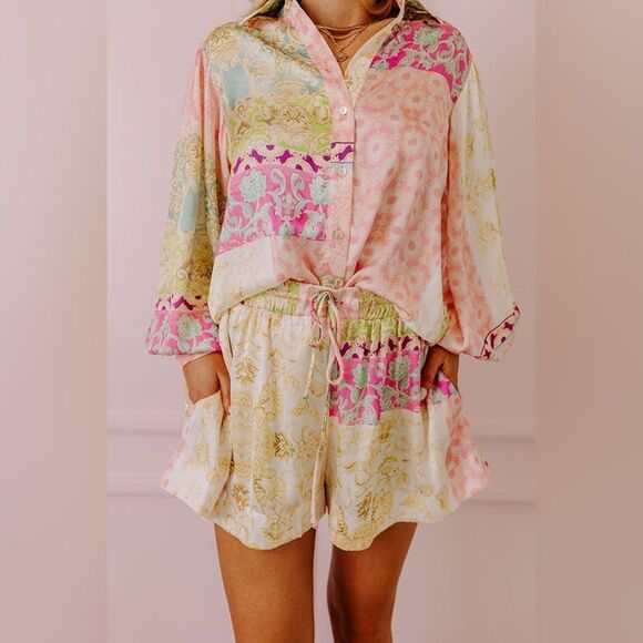 2pc Luxxel Uptown Chic Satin Short Set Button Down Floral - Picture 1 of 14